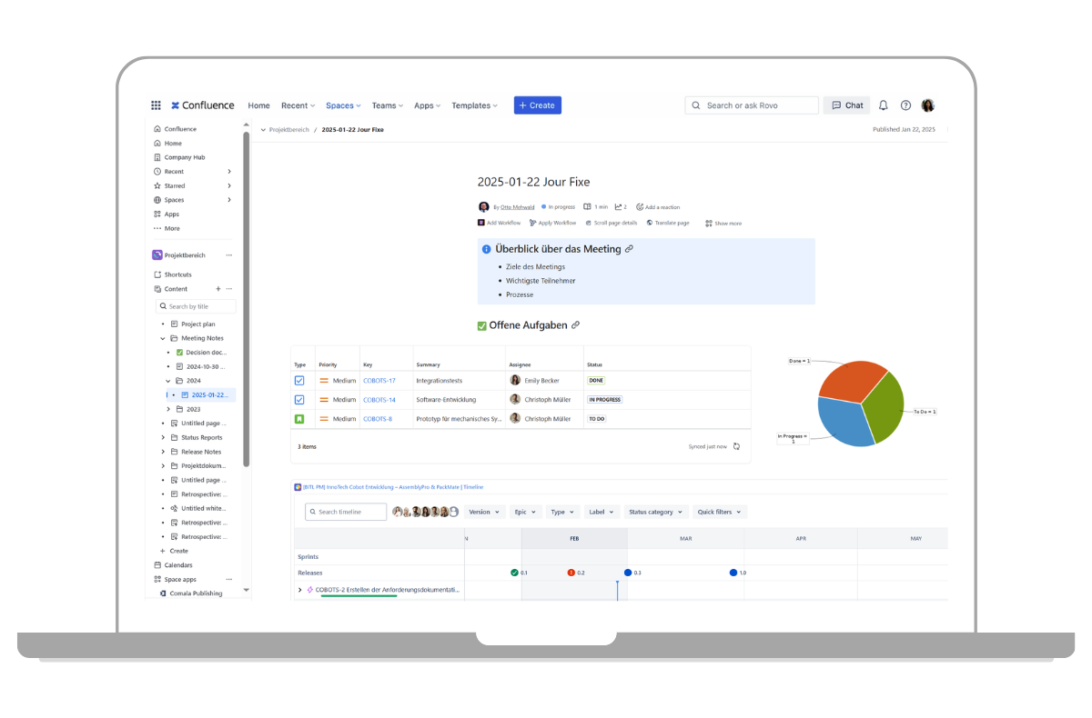 Ansicht von Confluence Cloud für eine Projektdokumentation