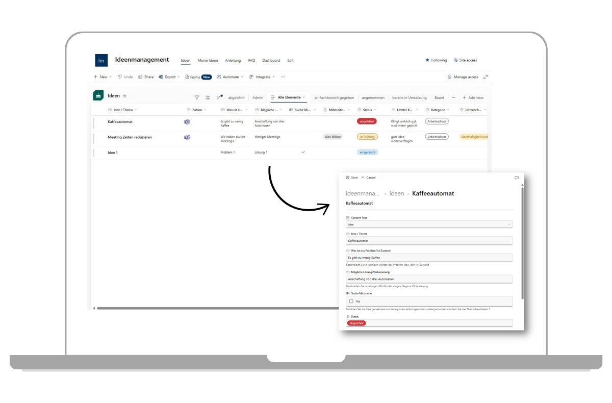 Digitales Ideenmanagement: Das Ideenpool zeigt alle Ideen für das Ideenteam