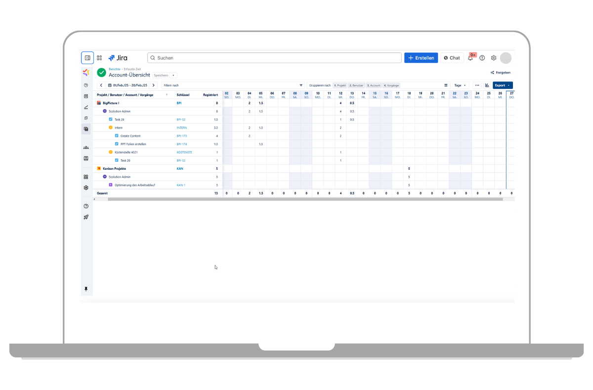 Erfassen Sie in Jira alle Aufwände in einem Überblick nach Projekt, Benutzer oder Account