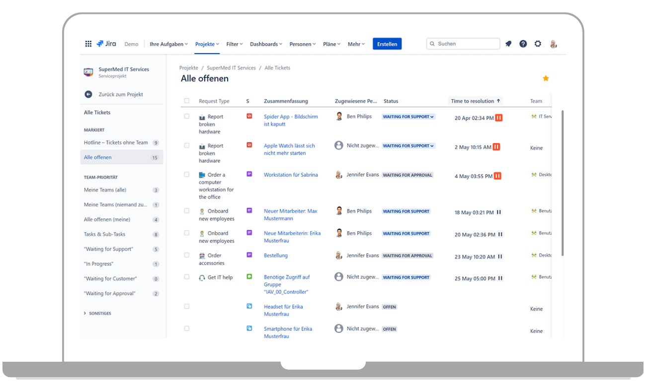 Die Warteschlangen im Jira Service Management System geben den Service-Mitarbeitenden einen Überblick über die offenen Aufgaben und helfen bei der Koordinierung