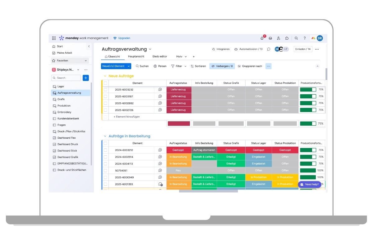 Dashboard Auftragsverwaltung 