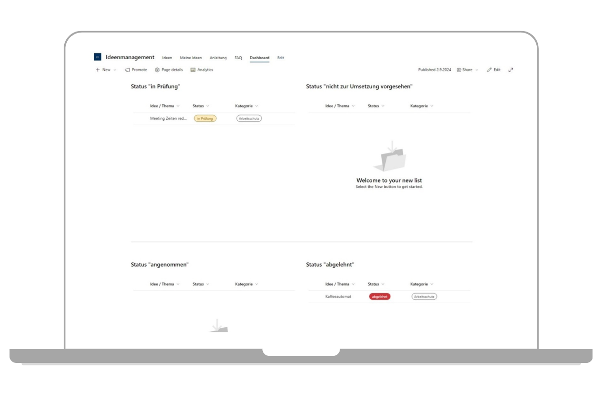 Sichtbarer Status im Ideen-Dashboard 