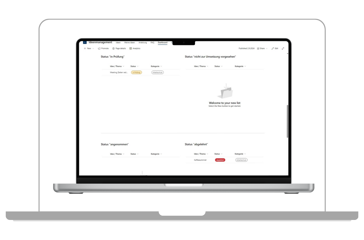 Sichtbarer Status im Ideen-Dashboard 