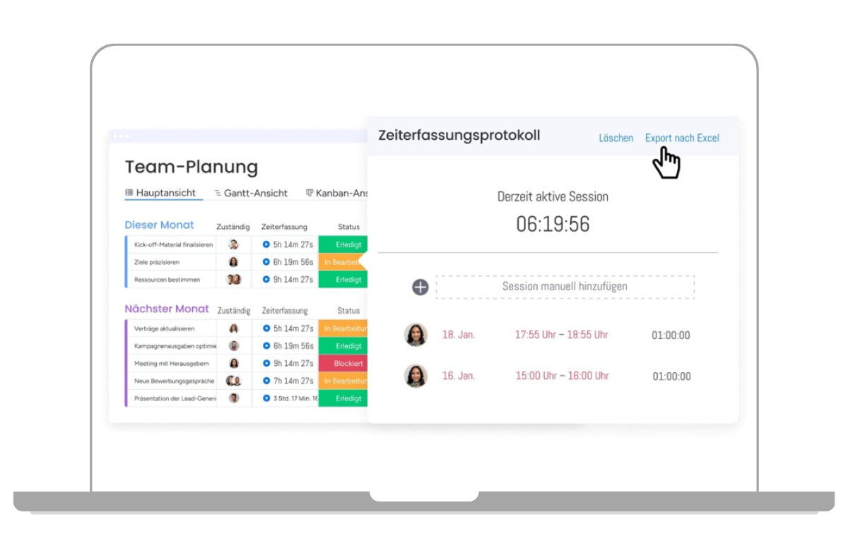 Mit monday.com können Teammitglieder ihre Arbeitszeiten eintragen